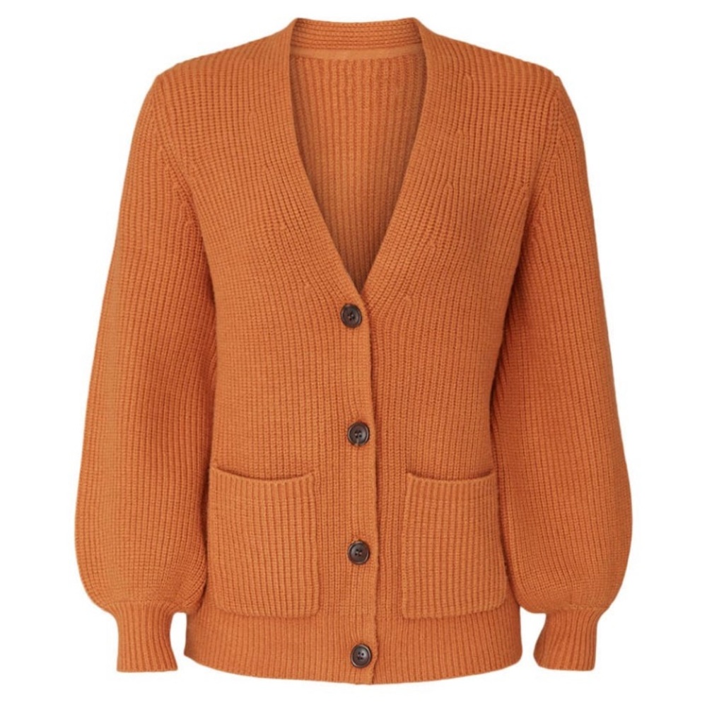 JUST FEMALE Rib Knit womens boyfriend cardigan balloon sleeve burnt orange SMALL